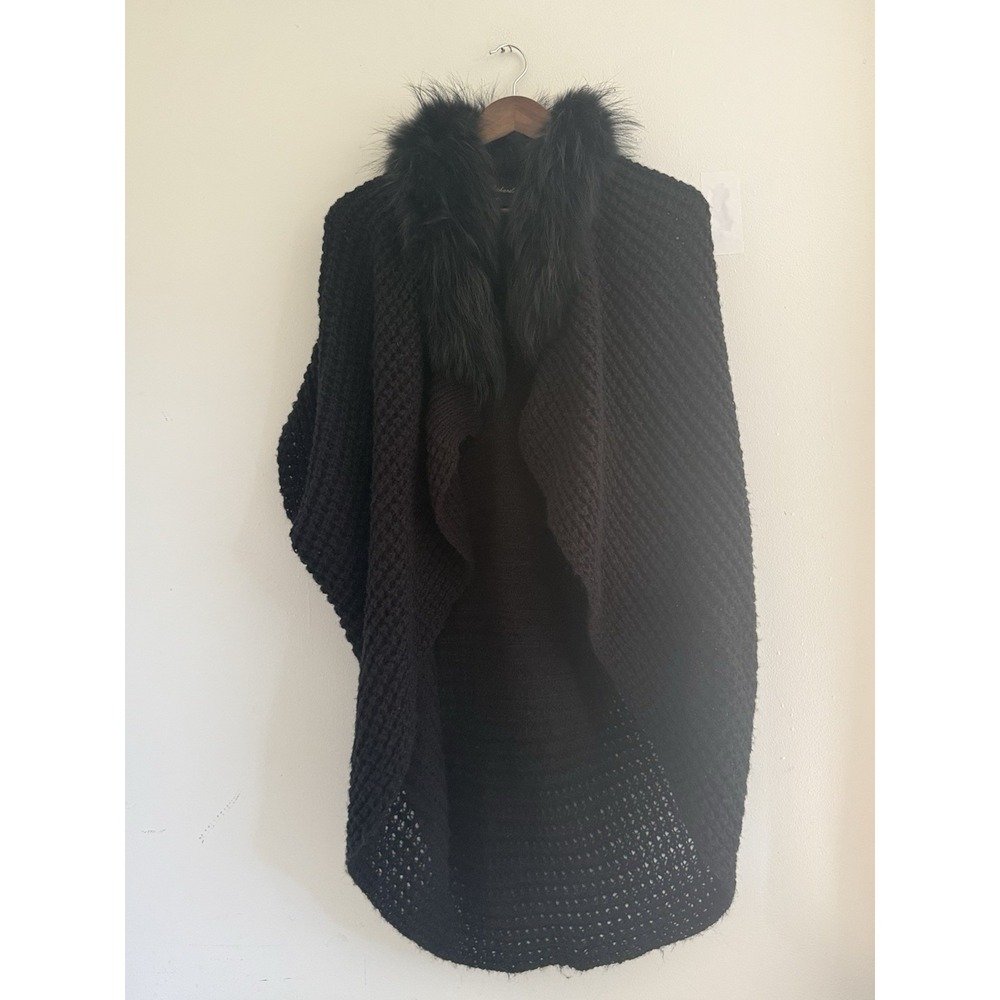 Linda Richards Luxury Raccoon Fur Mohair Knit Cape Cardigan Black Poncho